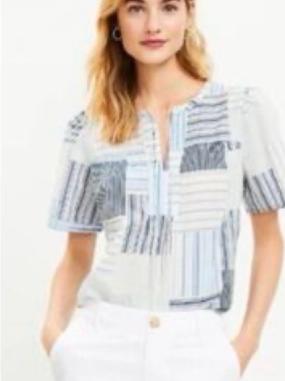 LOFT Blue Patchwork-Stripe Notch-Neck Short Sleeve Top